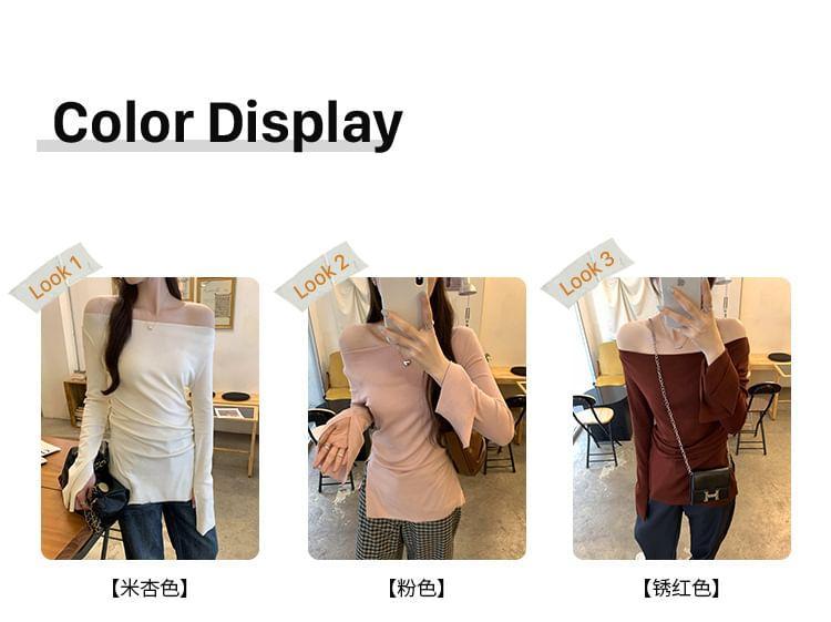 Long-Sleeve Off-Shoulder Plain Side-Slit T-Shirt Product Image