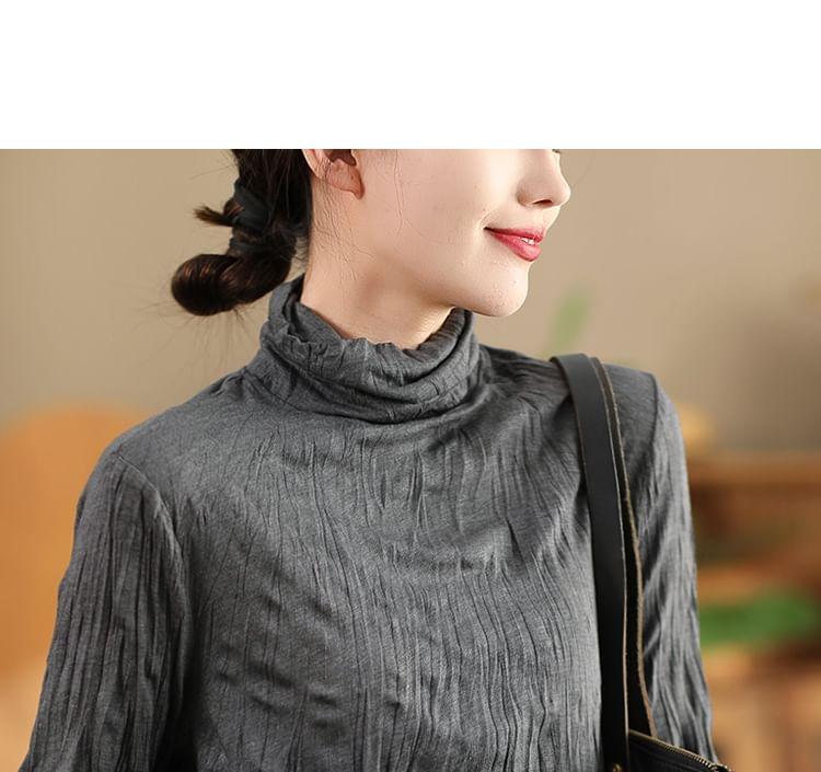 Long Sleeve Mock Neck Plain Crinkled Top Product Image