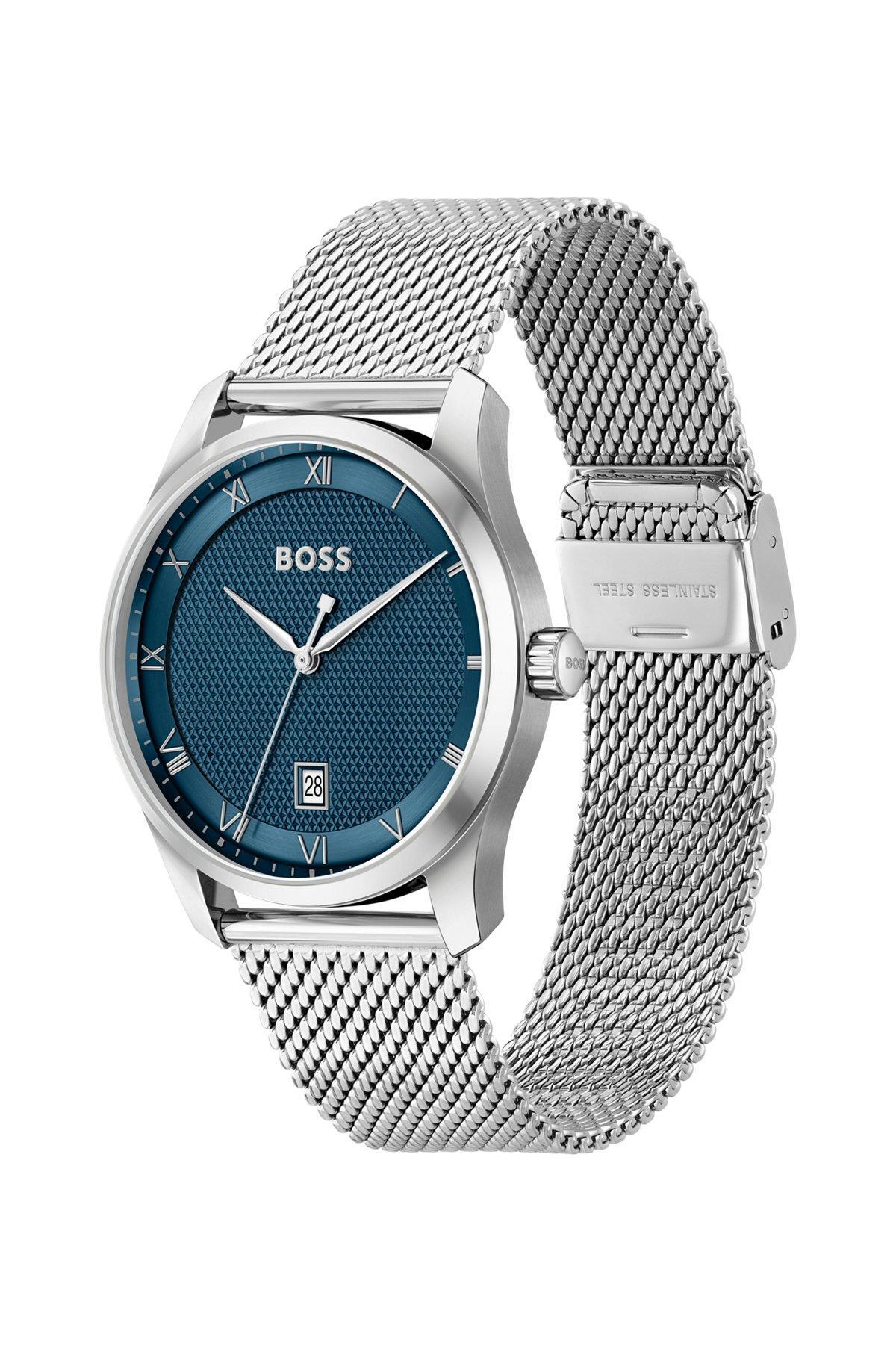 Mesh-bracelet watch with blue patterned dial Product Image