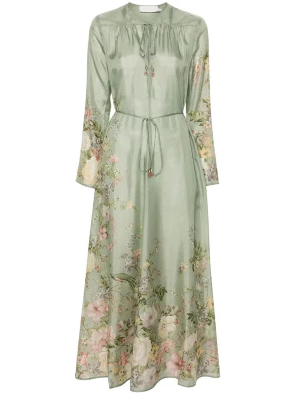 Floral Print Silk Maxi Dress In Green Product Image