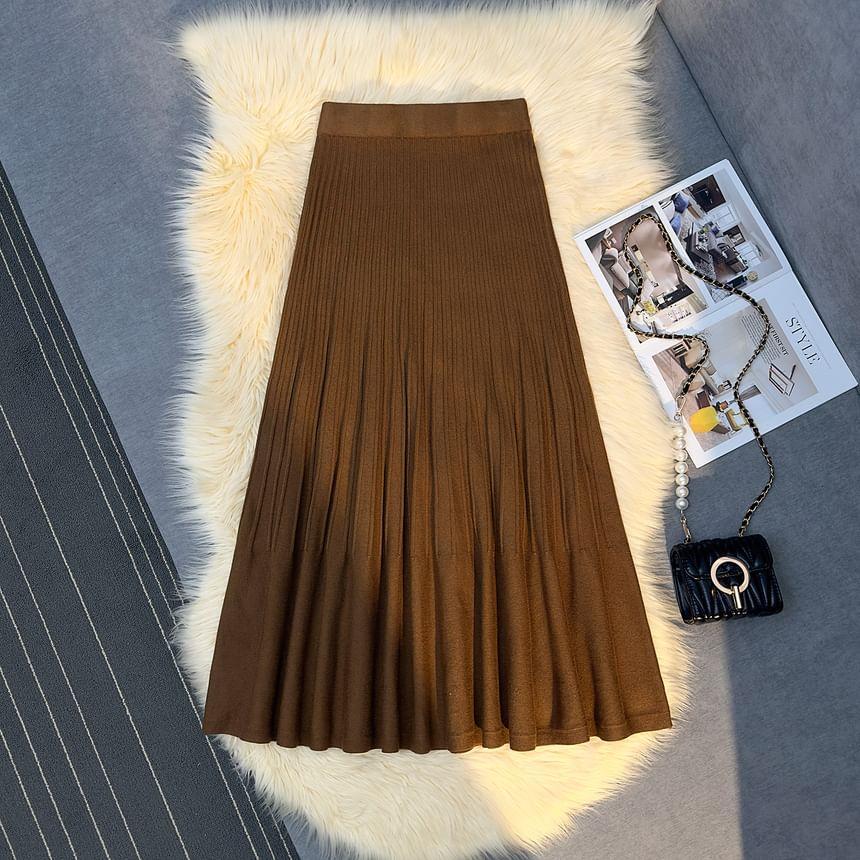 High Waist Plain Pleated Knit Midi A-Line Skirt Product Image