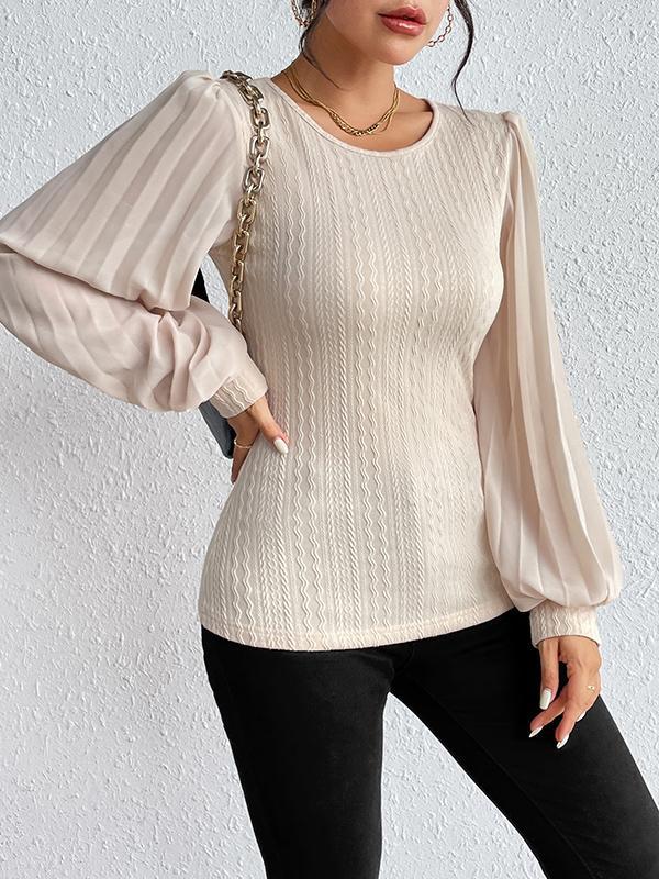 Long Sleeves Loose Pleated Solid Color Split-Joint Round-Neck T-Shirts Tops Product Image