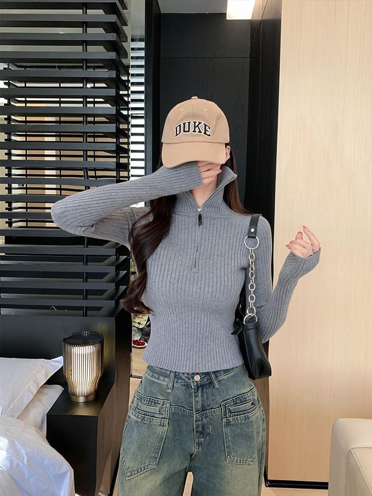 Long-Sleeve Stand Collar Plain Half-Zip Crop Knit Top Product Image