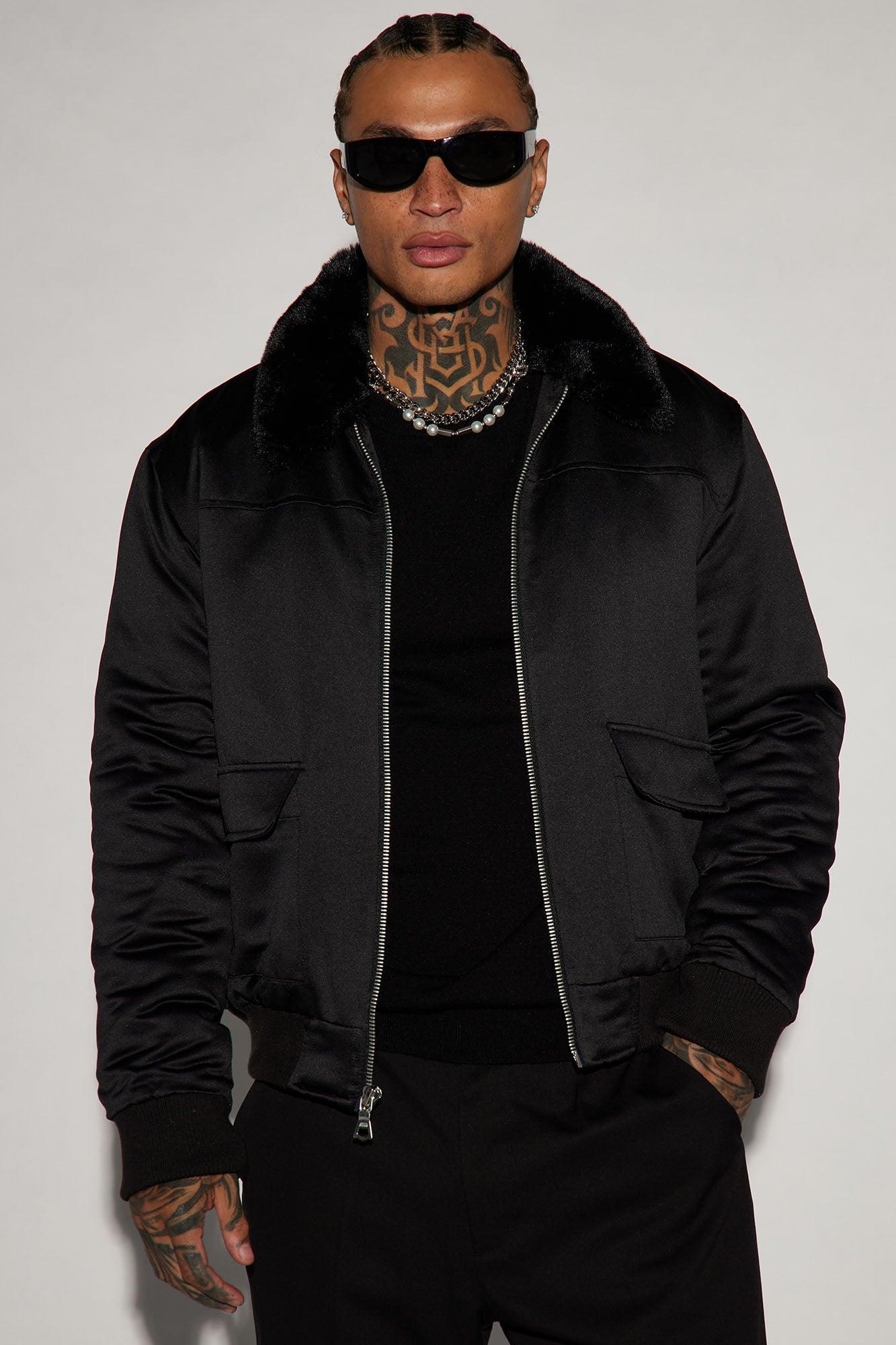 Faux Fur Collar Aviator Bomber Jacket - Black Product Image