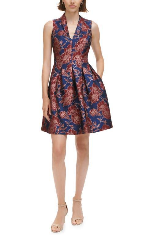 Vince Camuto Metallic Floral Print Jacquard Fold Over V-Neck Sleeveless Fit and Flare Dress Product Image