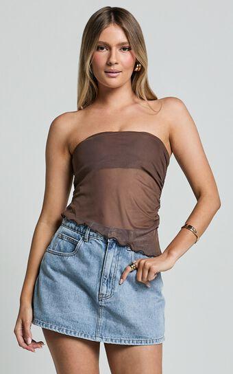 Bessie Top - Asymmetric Strapless Sheer Top in Chocolate Product Image