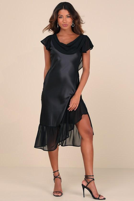 Prepared to Impress Black Satin Flutter Sleeve Midi Dress product image