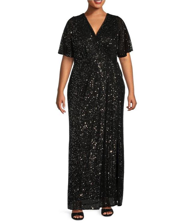 Ignite Evenings Plus Size Sequin Surplice V-Neck Flutter Sleeve Gown Product Image