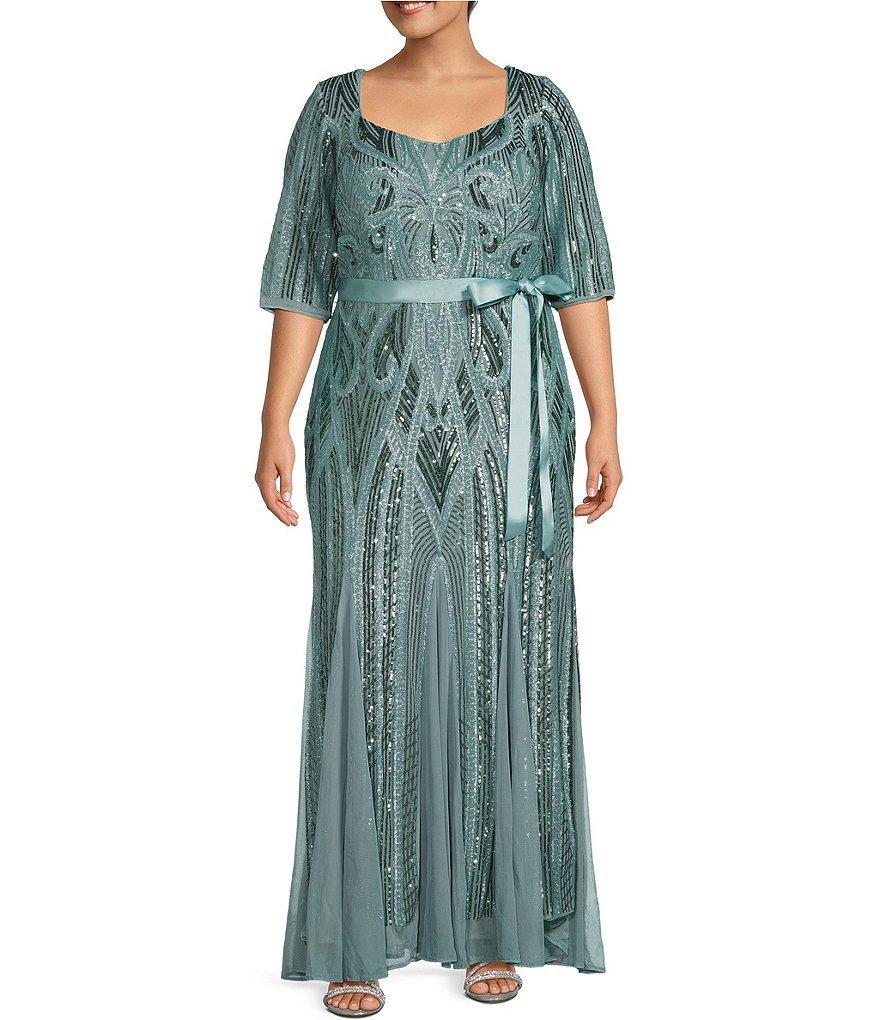 R & M Richards Plus Size Tie Waist Godet Insets Sequin Embellished Gown Product Image