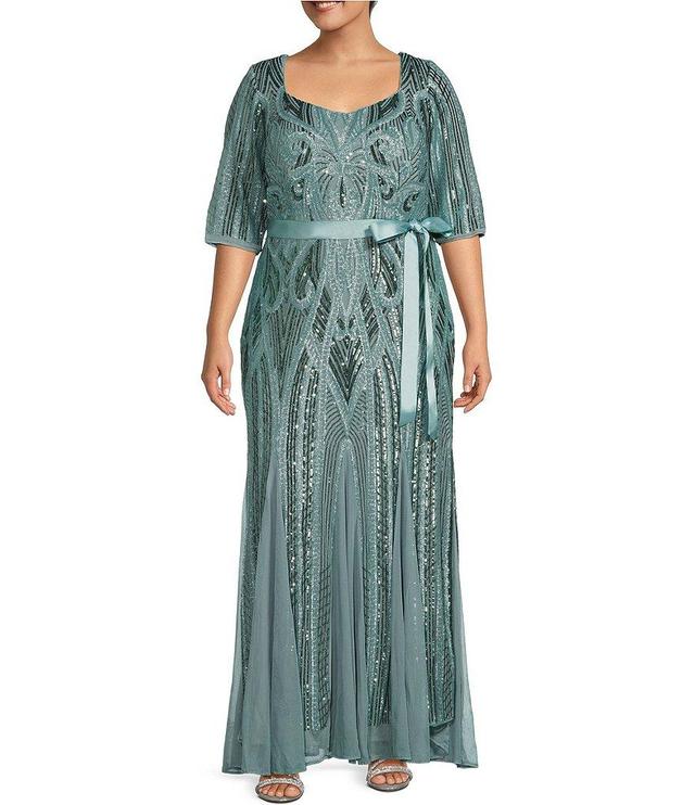 R & M Richards Plus Size Tie Waist Godet Insets Sequin Embellished Gown Product Image