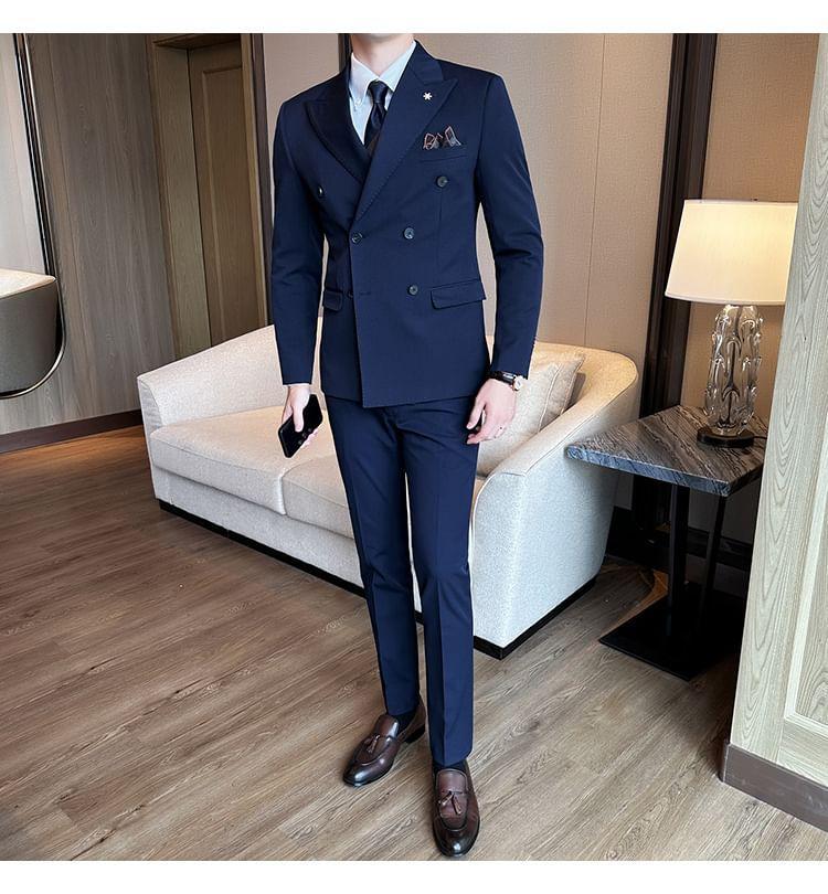 Set: Plain Double-Breasted Blazer + Dress Pants Product Image