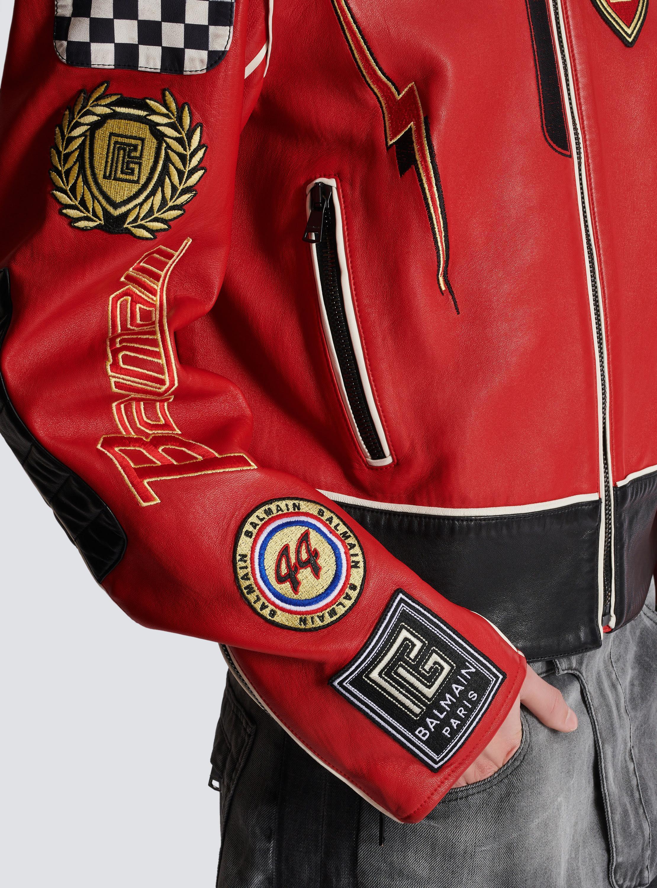 Lambskin jacket with Balmain Racing patches Product Image