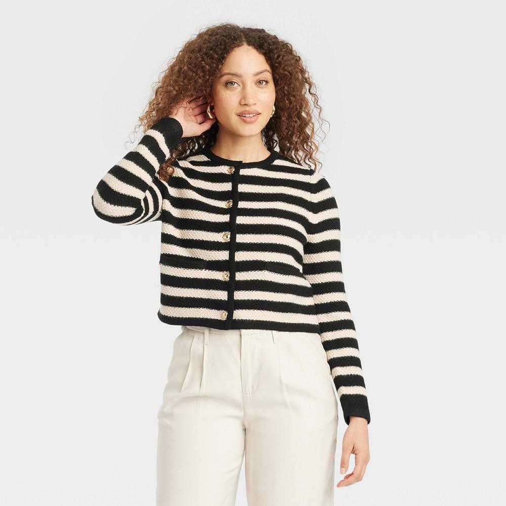 Womens Transitional Lady Cardigan - A New Day Black Striped Product Image