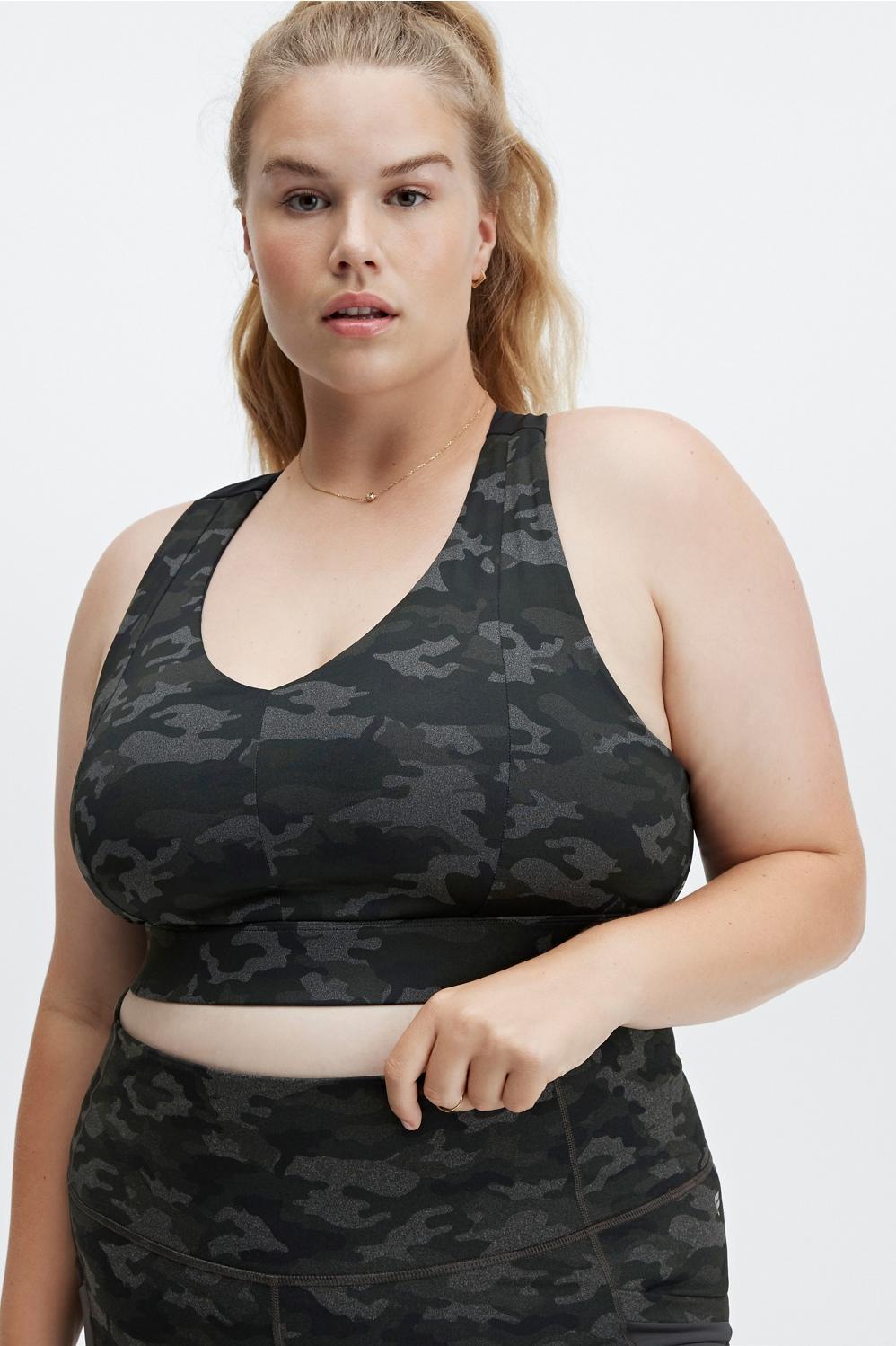 Fabletics On-The-Go Midi Medium Impact Sports Bra Womens Charcoal Camo/Black Logo plus Size 4X Product Image