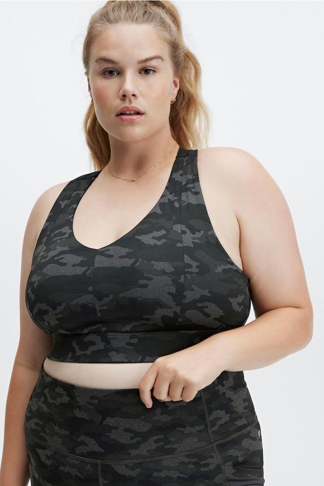 Fabletics On-The-Go Midi Medium Impact Sports Bra Womens Charcoal Camo/Black Logo plus Size 4X Product Image