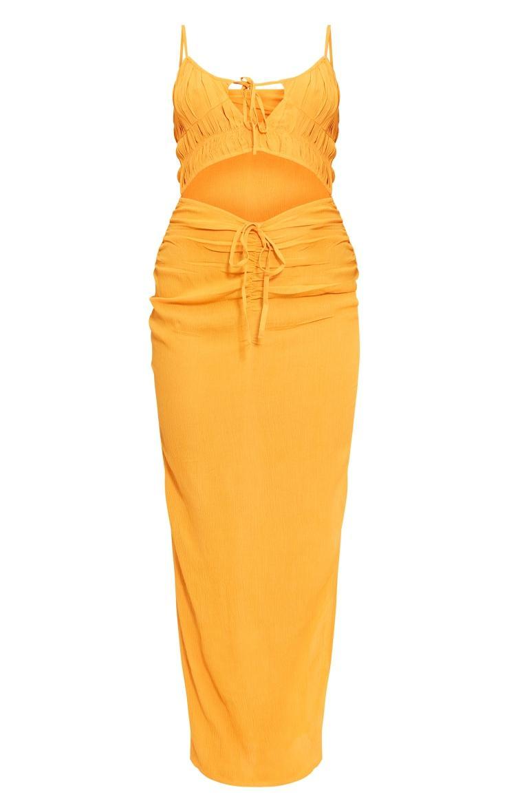 Orange Linen Look Shirred Bust Cut Out Ruched Strappy Maxi Dress Product Image