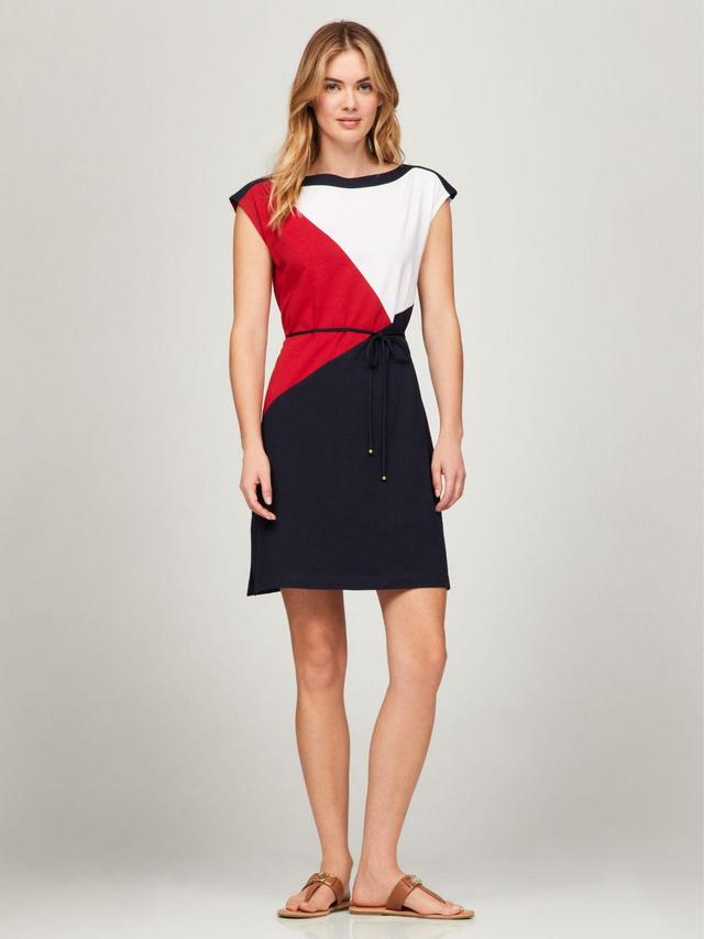 Tommy Hilfiger Women's Belted Colorblock Stretch Cotton Dress Product Image