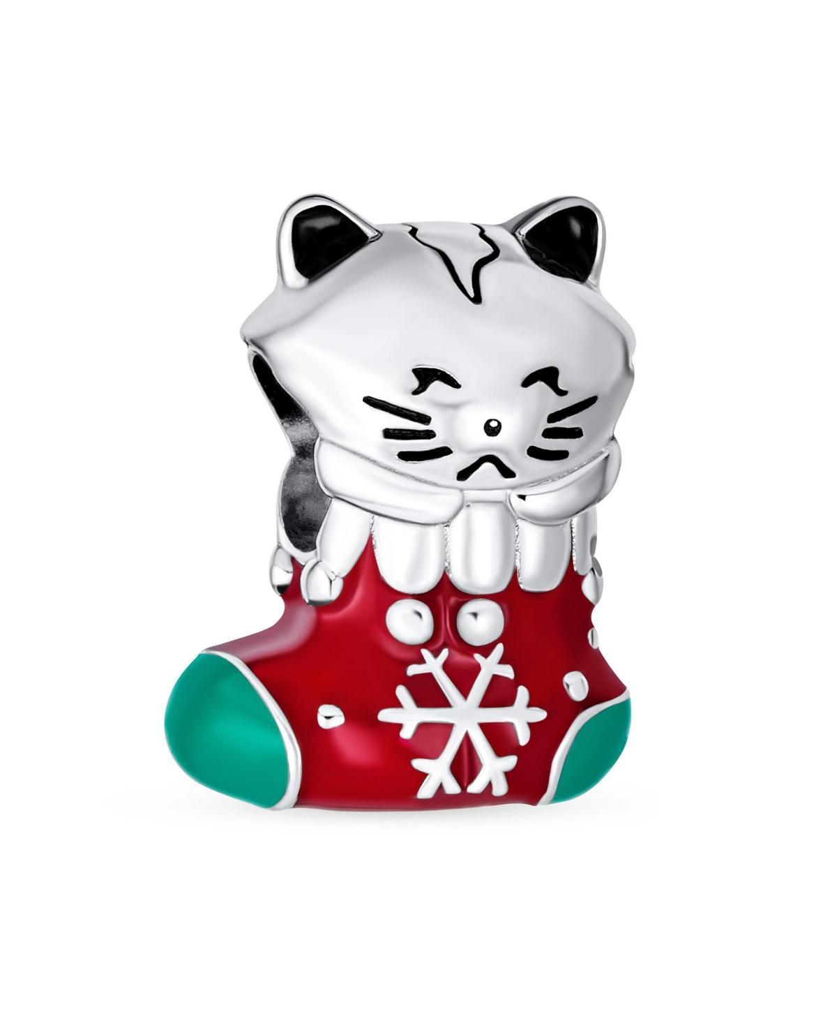 Bling Jewelry Holiday Fun Animal Pet Lover Kitten Red Green Stocking Christmas Cat Charm Bead For Women Enamel Sterling Silver Fits European Bracelet Product Image