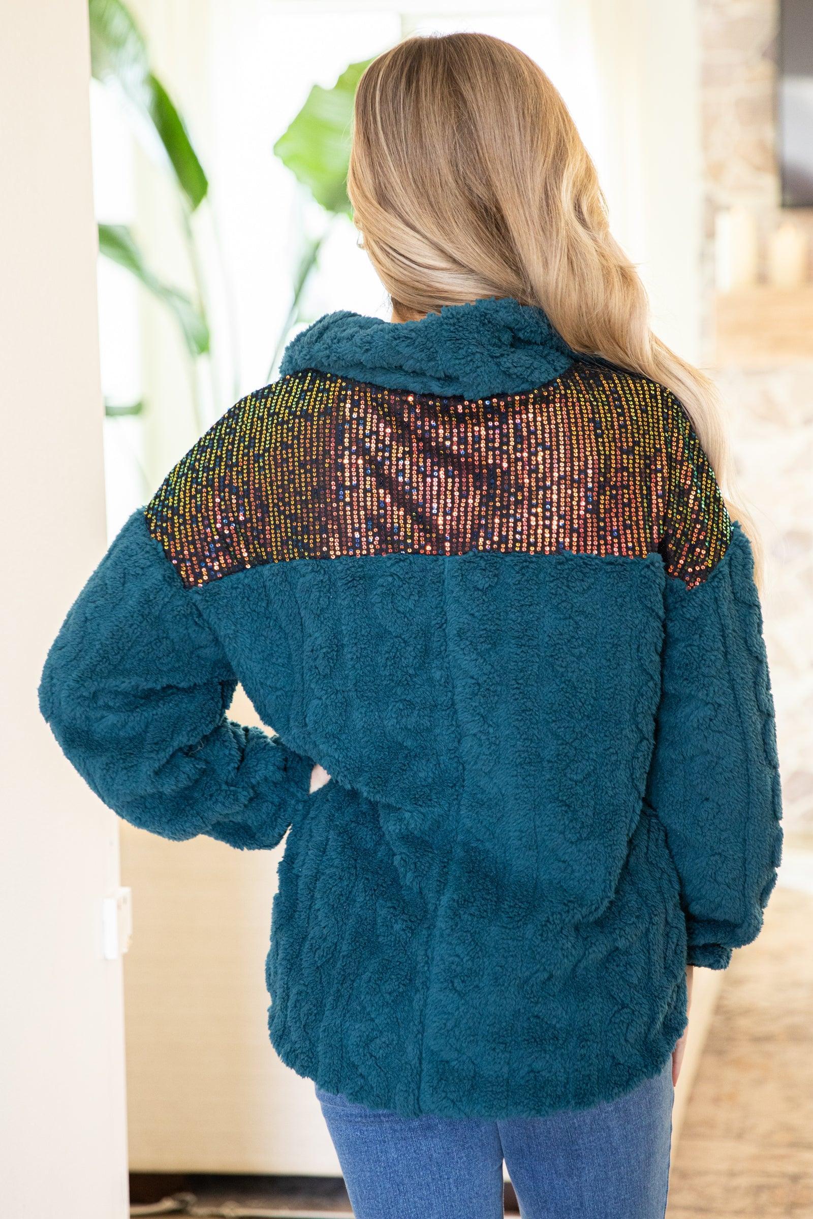 Teal Faux Fur Cable Pullover With Sequins Product Image