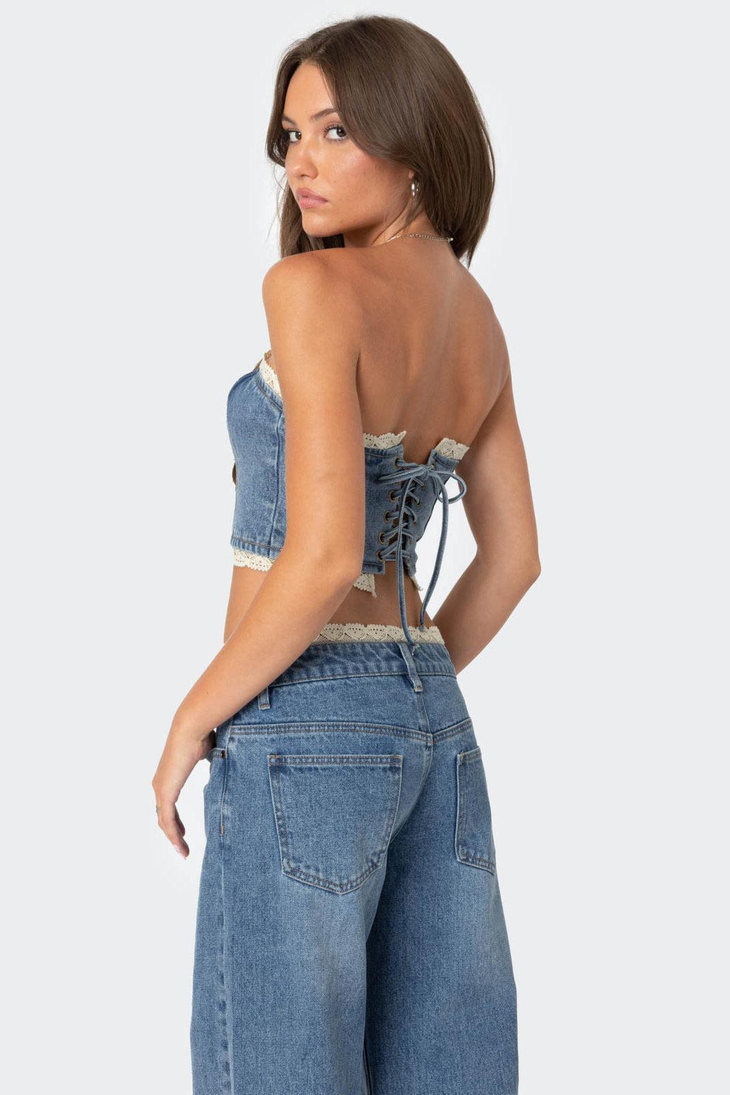 Karlie Lace Trim Denim Tube Top Product Image