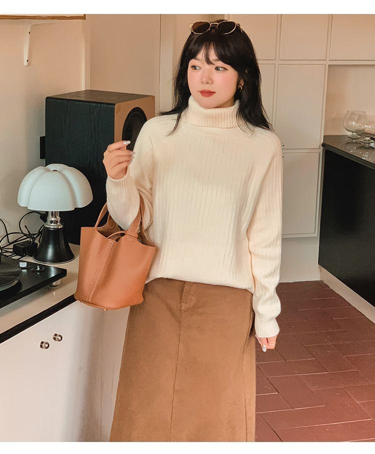 Turtleneck Plain Slit Ribbed Sweater Product Image