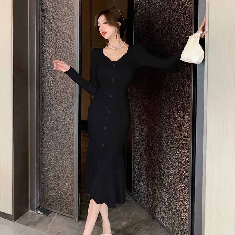 Long-Sleeve Plain Ribbed Knit Midi Mermaid Dress Product Image