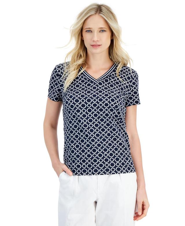 Nautica Jeans Womens Linked Circle-Print Stripe-Trim V-Neck Product Image