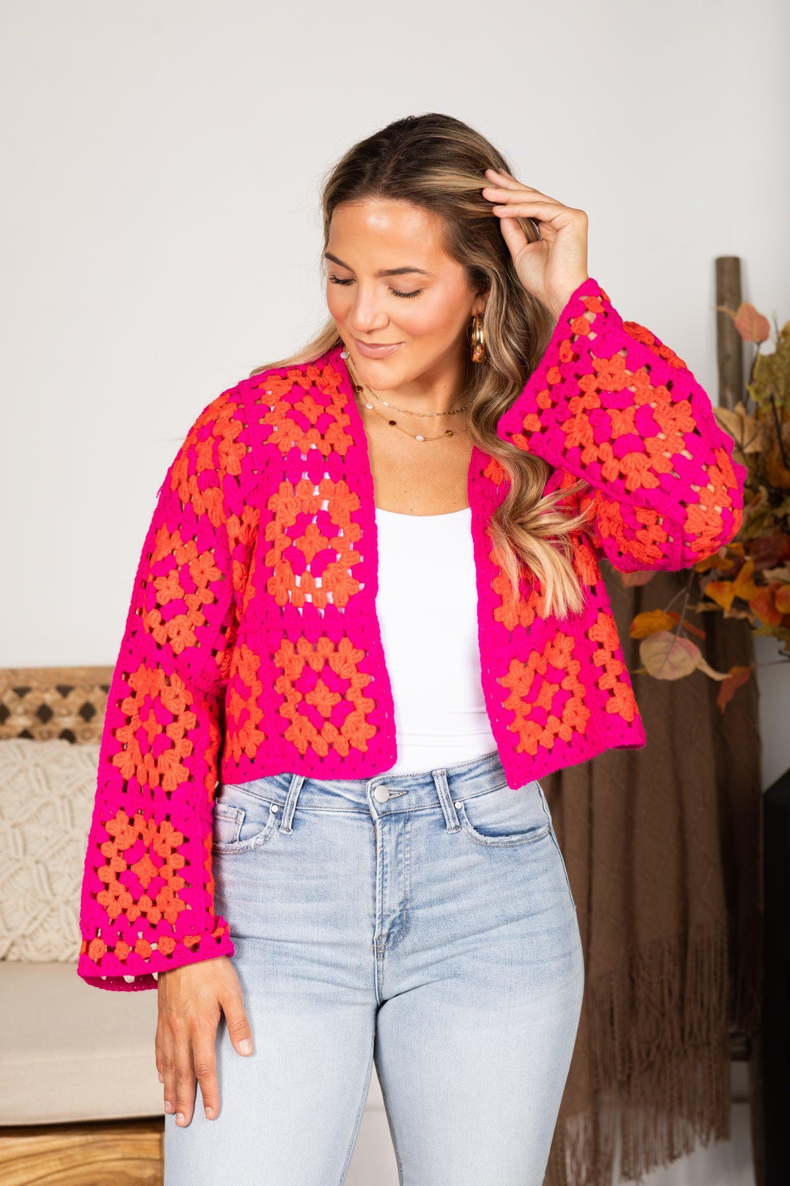 Fuchsia And Orange Crochet Cardigan Product Image