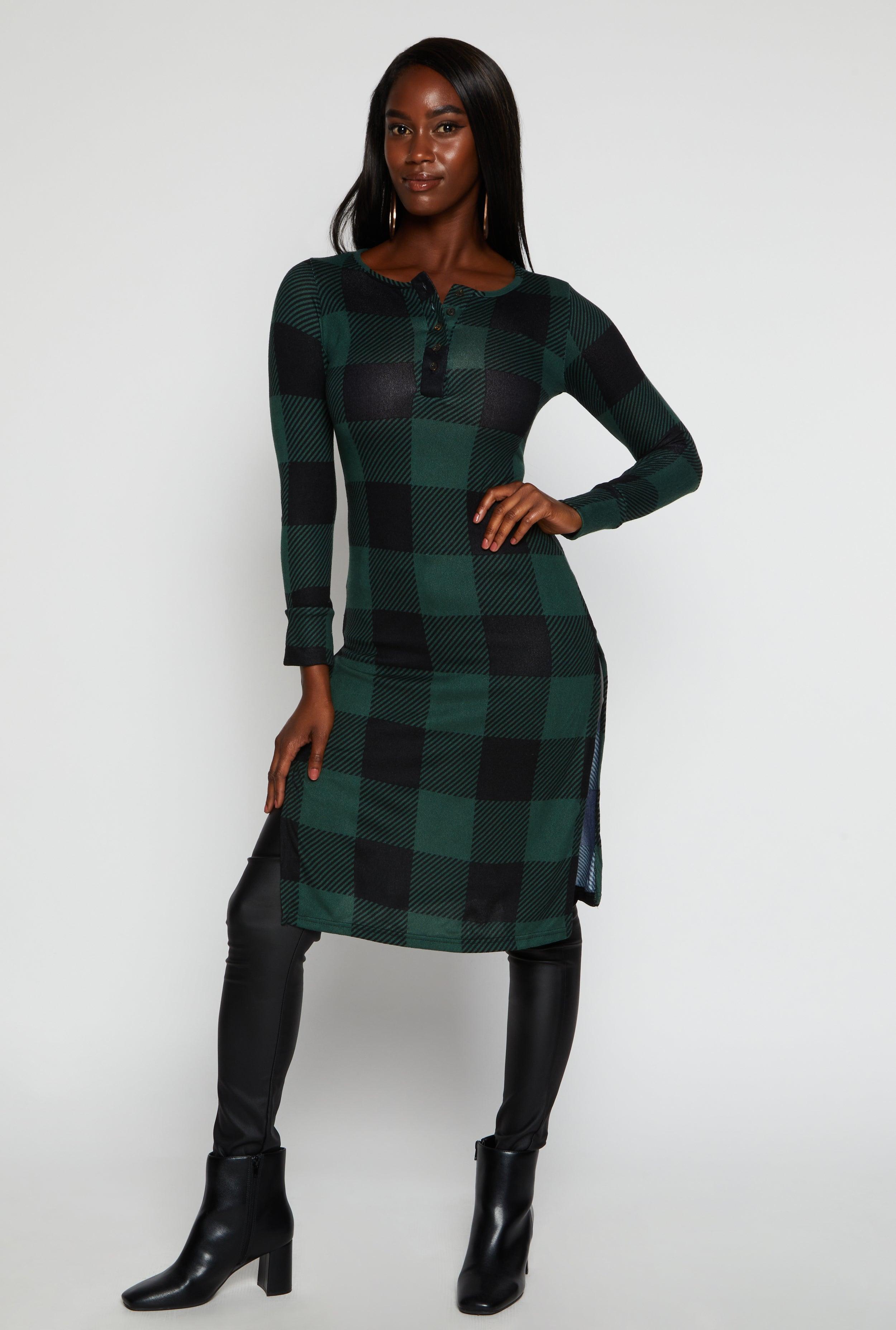 Womens Plaid Side Slit Long Sleeve Tunic Top product image