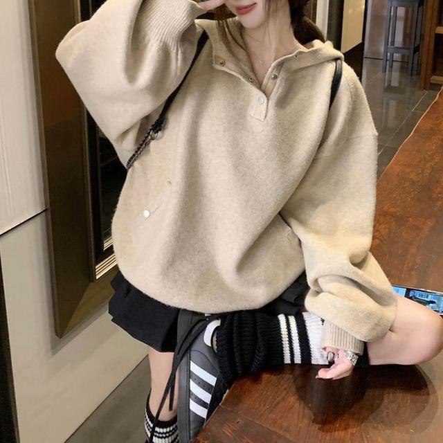 Plain Snap Button Knit Hoodie Product Image