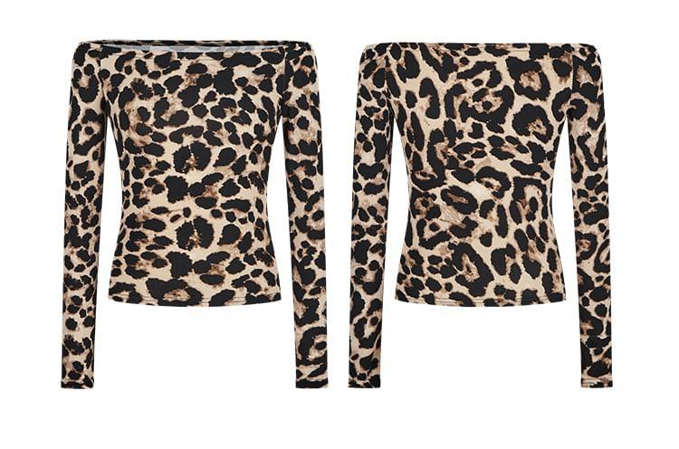 Off-Shoulder Long-Sleeve Leopard Print Tee Product Image