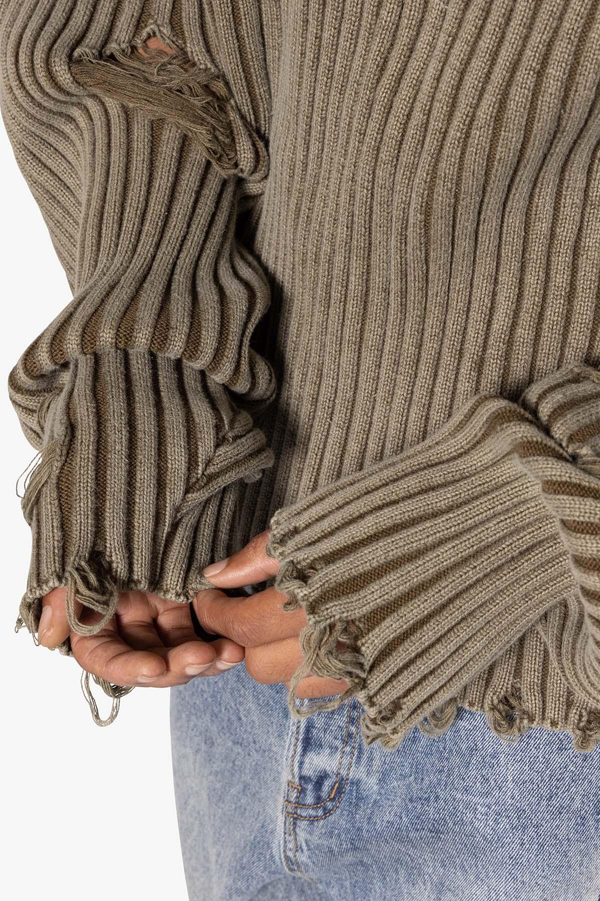 Distressed Crop Knit Sweater - Olive Product Image