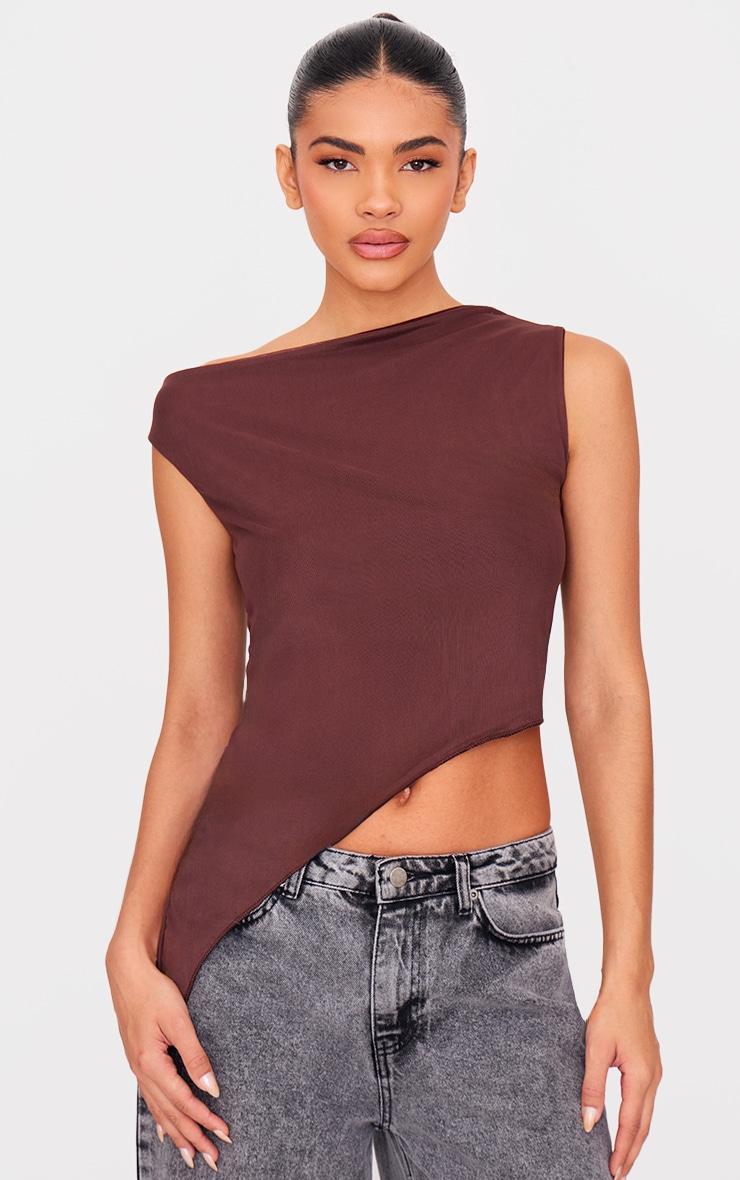 Chocolate Asymmetric Neck Mesh Top Product Image