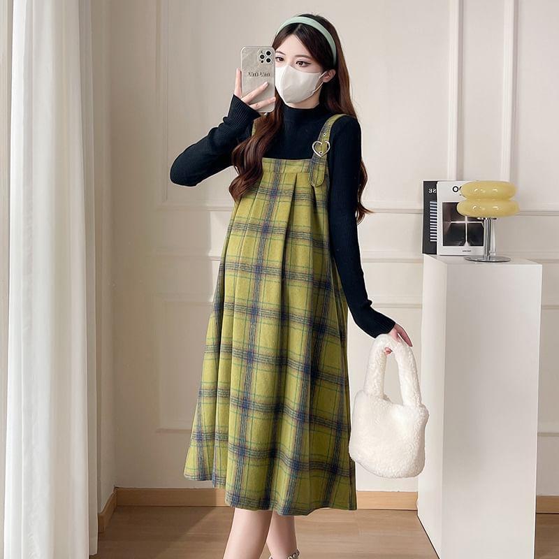 Maternity Square Neck Plaid Heart Buckled Midi Pinafore Dress Product Image