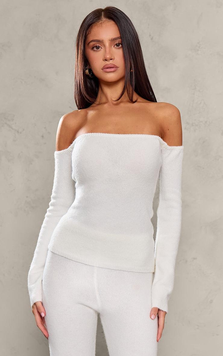 Petite Cream Knitted Long Sleeve Off The Shoulder Long Top  Product Image