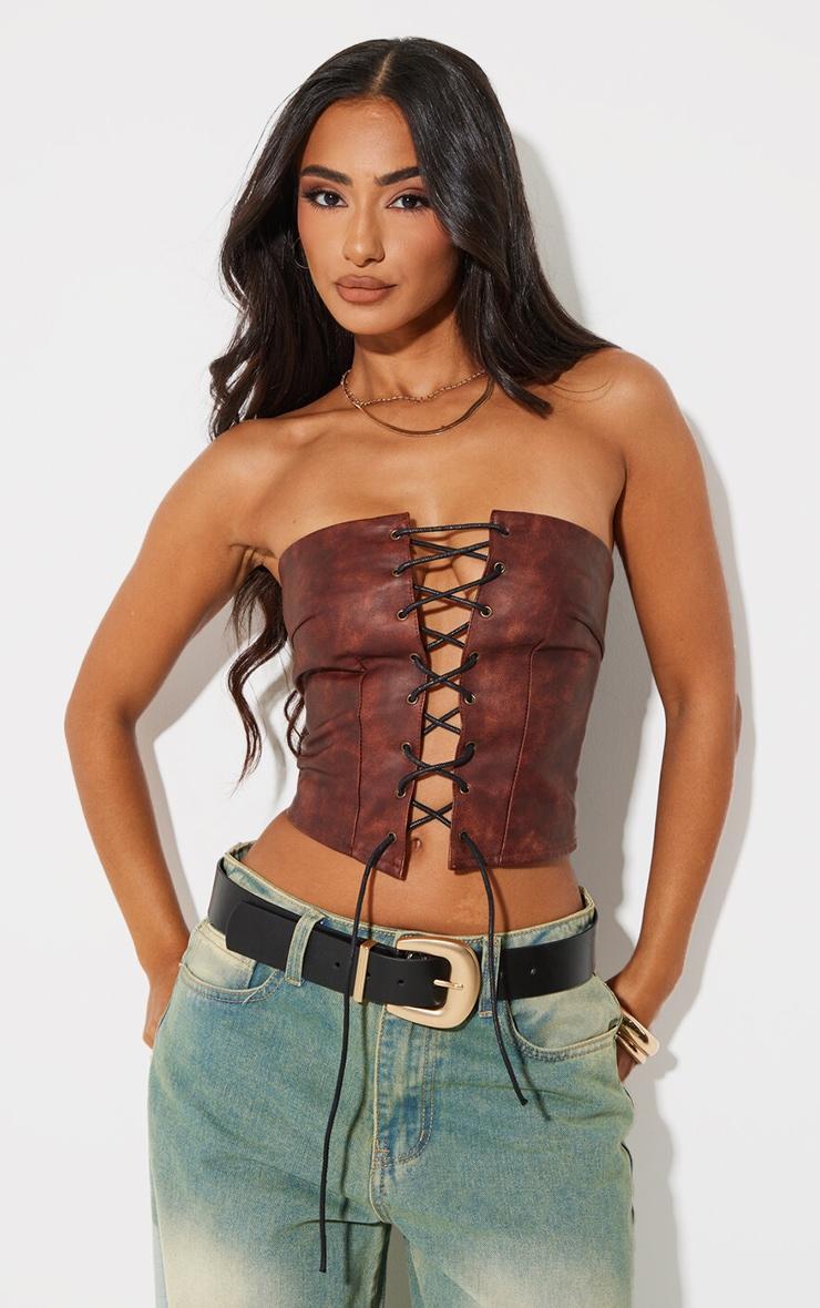 Petite Washed Brown Faux Leather Bandeau Lace Up Corset Top Product Image