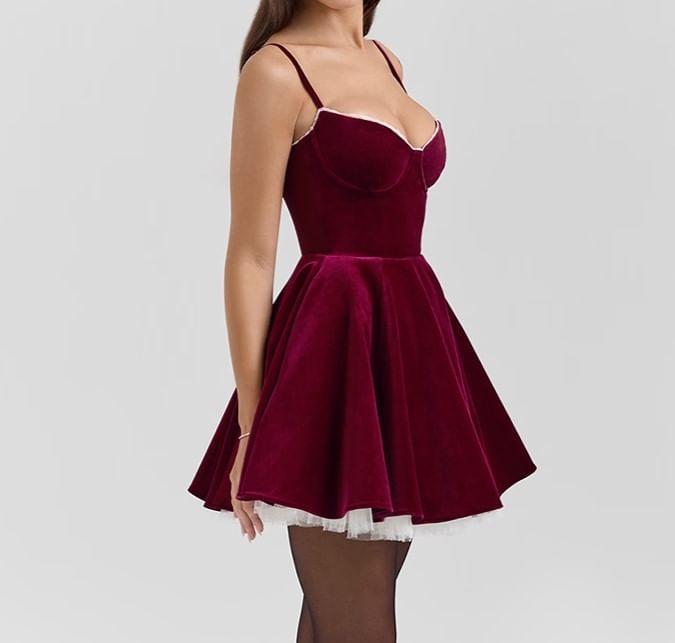 Spaghetti Strap Ruffled-Trim Plain Velvet Slim-Fit Mini A-Line Dress Product Image