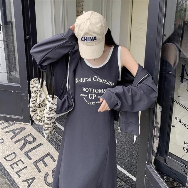 Set: Sleeveless Scoop Neck Lettering Slit Midi A-Line Dress + Drawstring Zip Hoodie Product Image