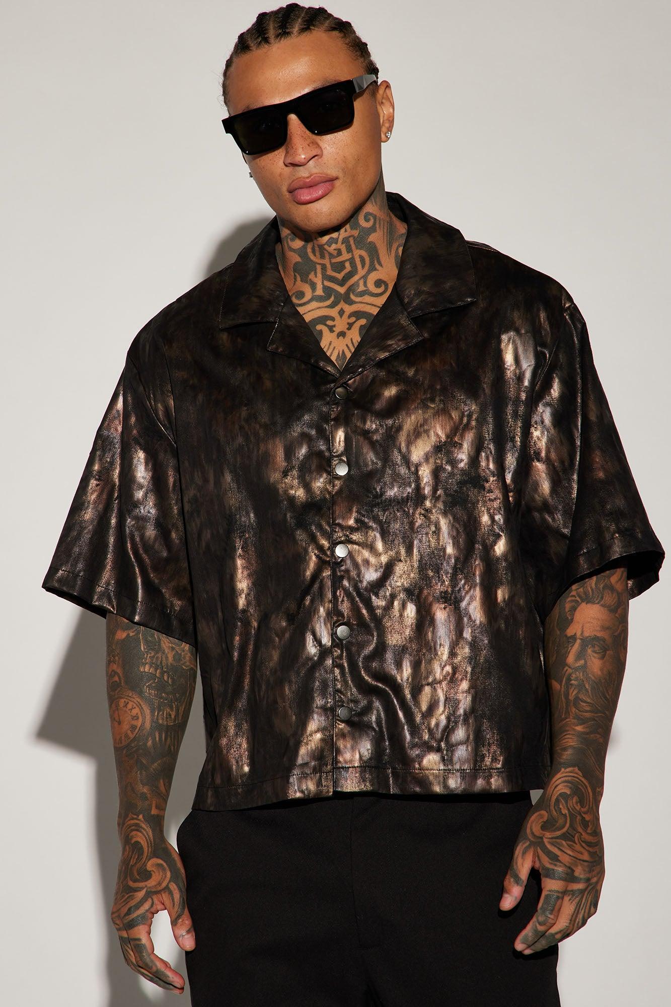 Kettner Faux Leather Cropped Button Up Shirt - Brown/combo Product Image