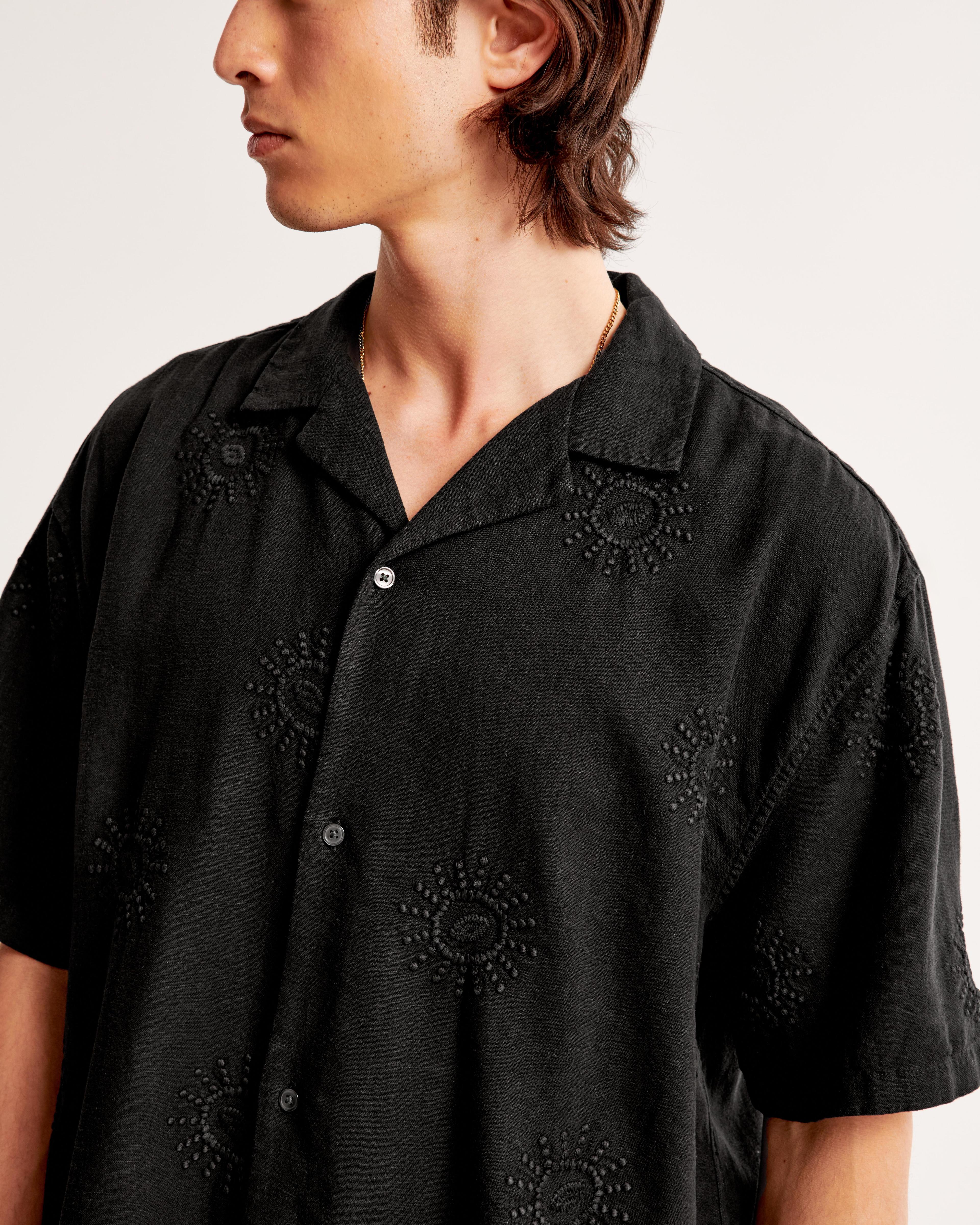 Camp Collar Cropped Summer Linen-Blend Embroidered Shirt Product Image