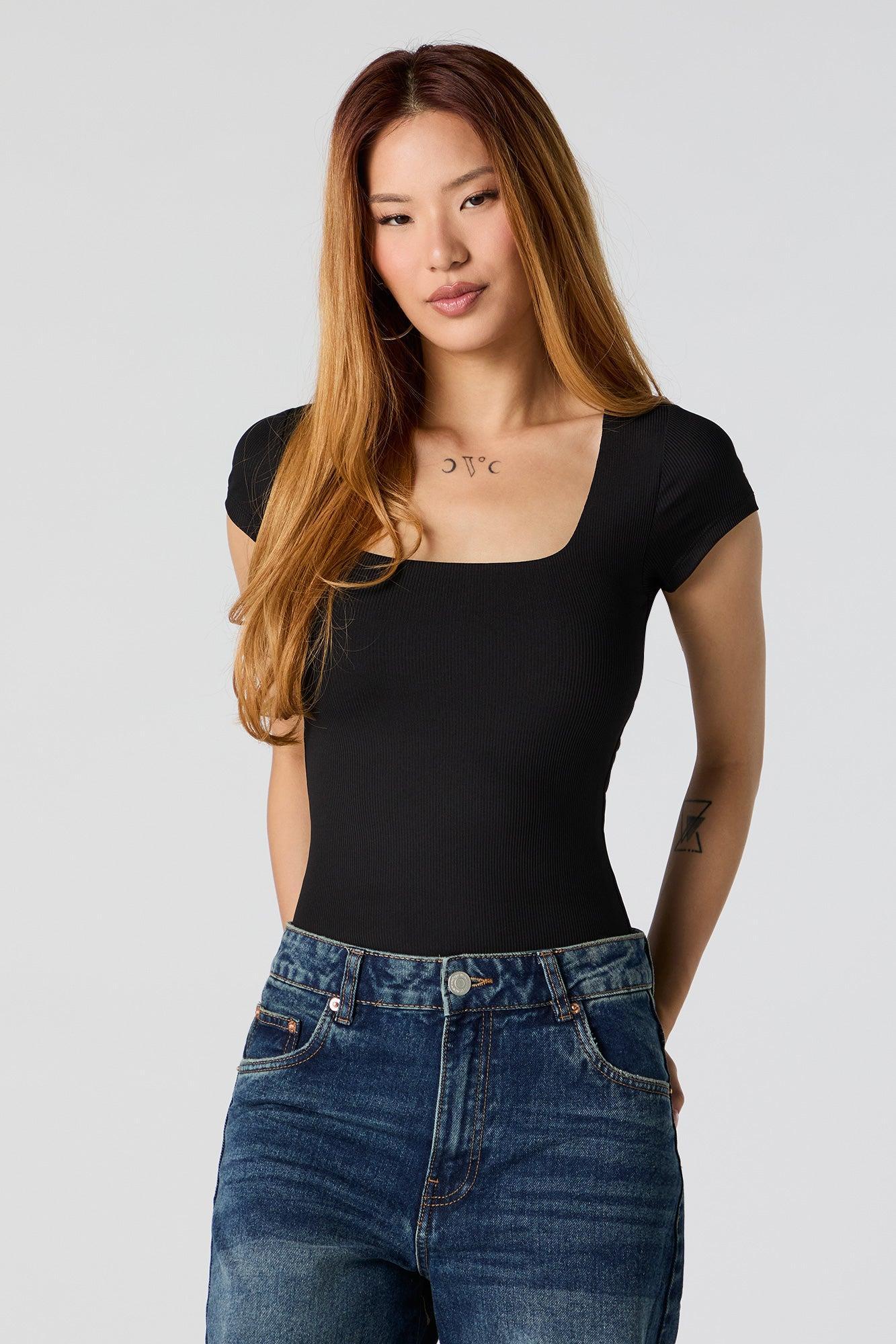 Ribbed Square Neck Short Sleeve Bodysuit Female Product Image