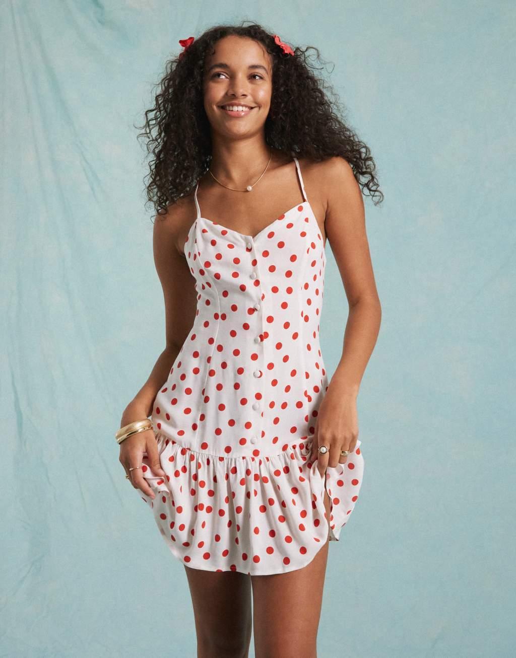 Miss Selfridge strappy button up mini sundress in cream polka dot Product Image