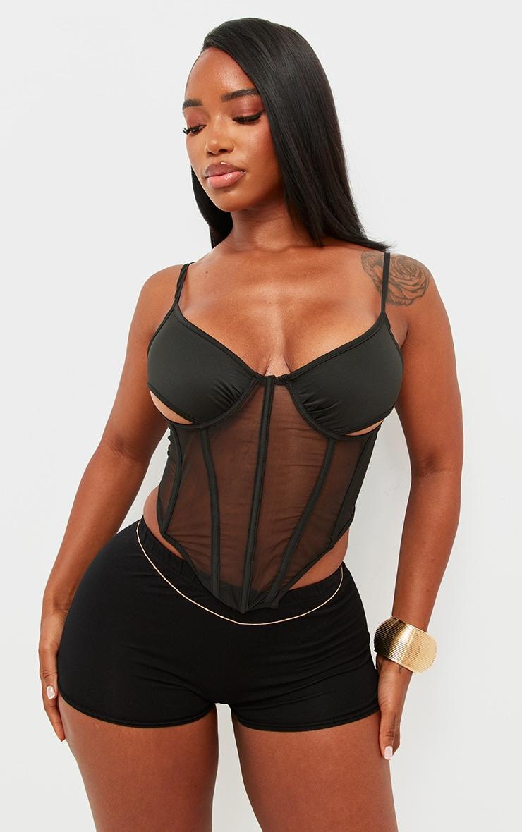 Shape Black Mesh Strappy Cup Detail Boning Corset Top Product Image