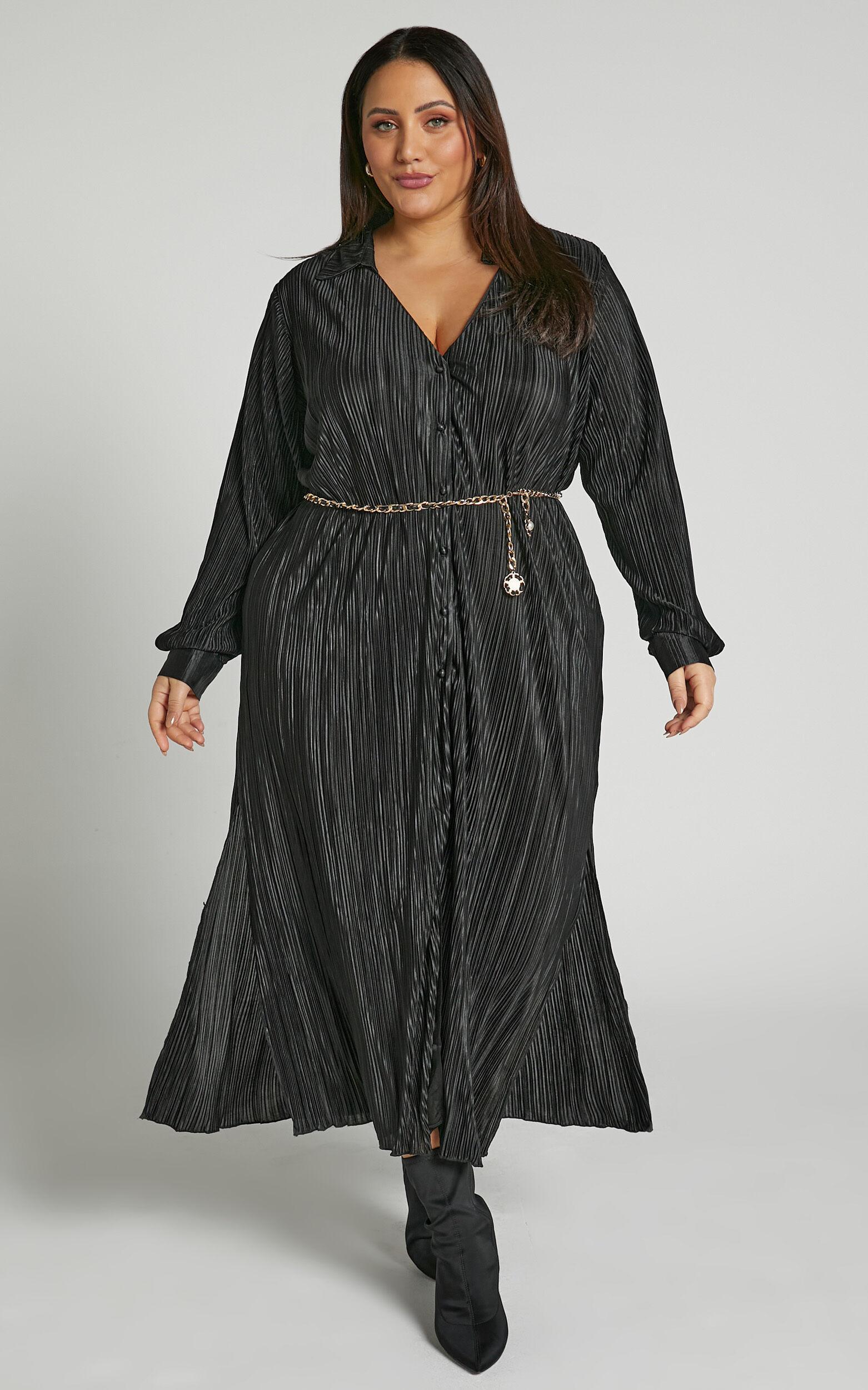 Donelli Midi Dress - Plisse Oversized Collared Shirt Dress in Black Product Image