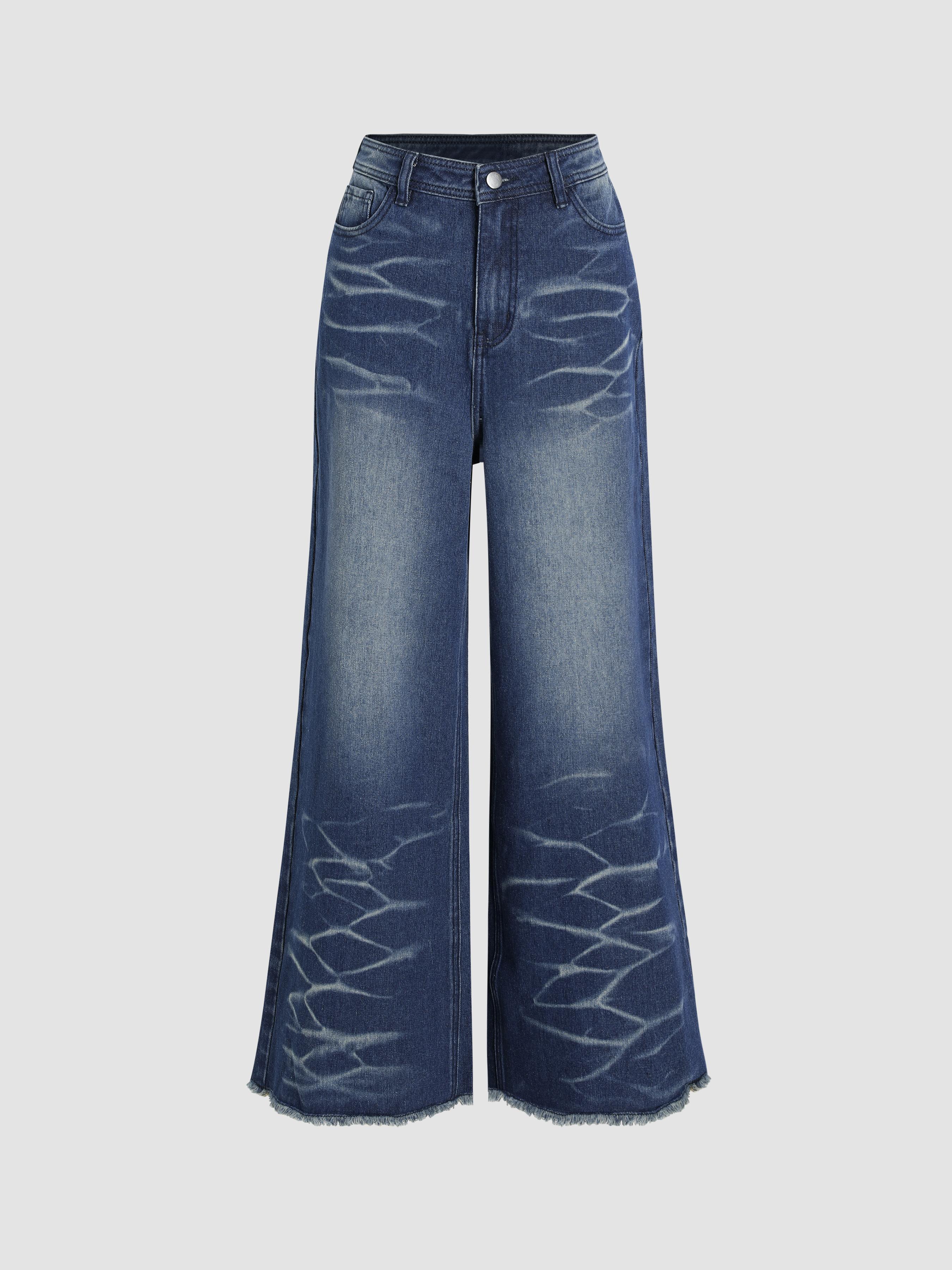 Denim Mid Rise Washed Raw Hem Wide Leg Jeans  Product Image