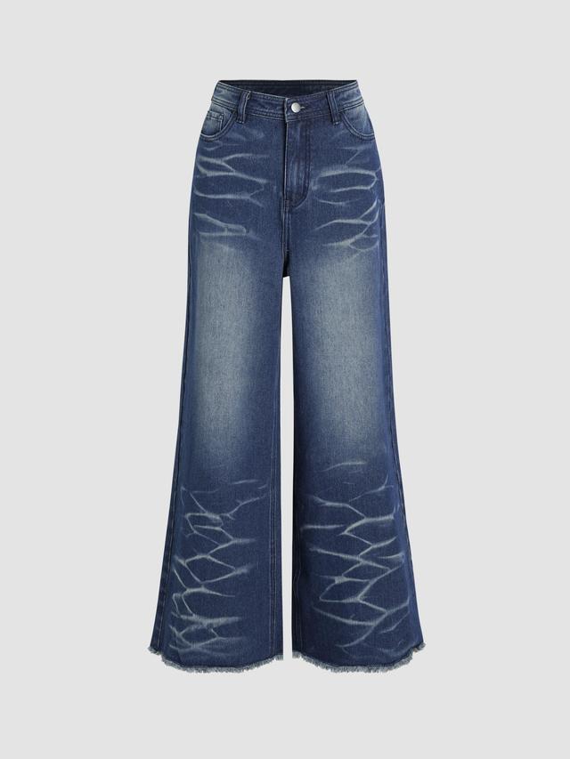 Denim Mid Rise Washed Raw Hem Wide Leg Jeans  Product Image