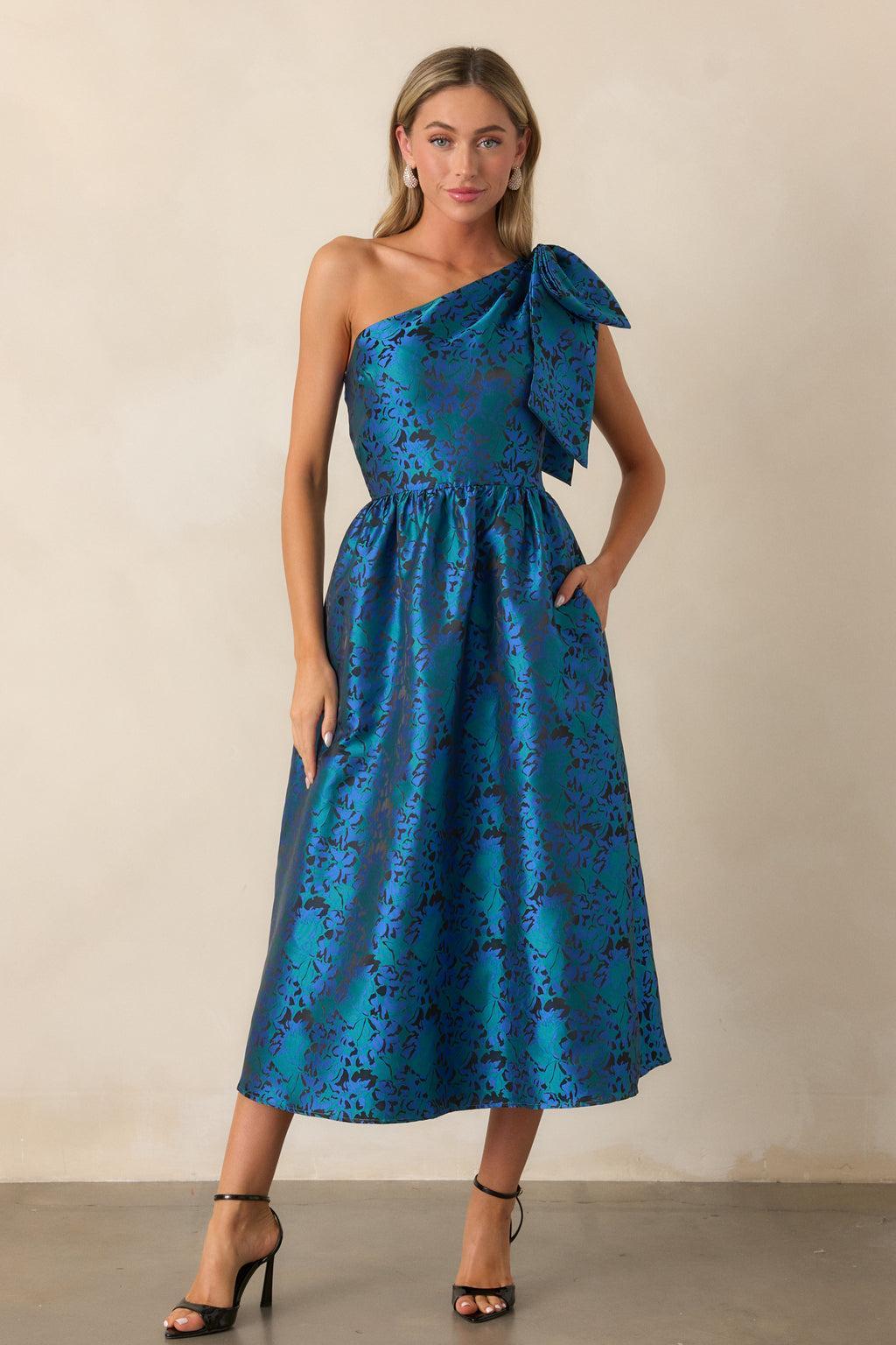 Midnight Toasts Blue Jacquard One Shoulder Midi Dress Product Image