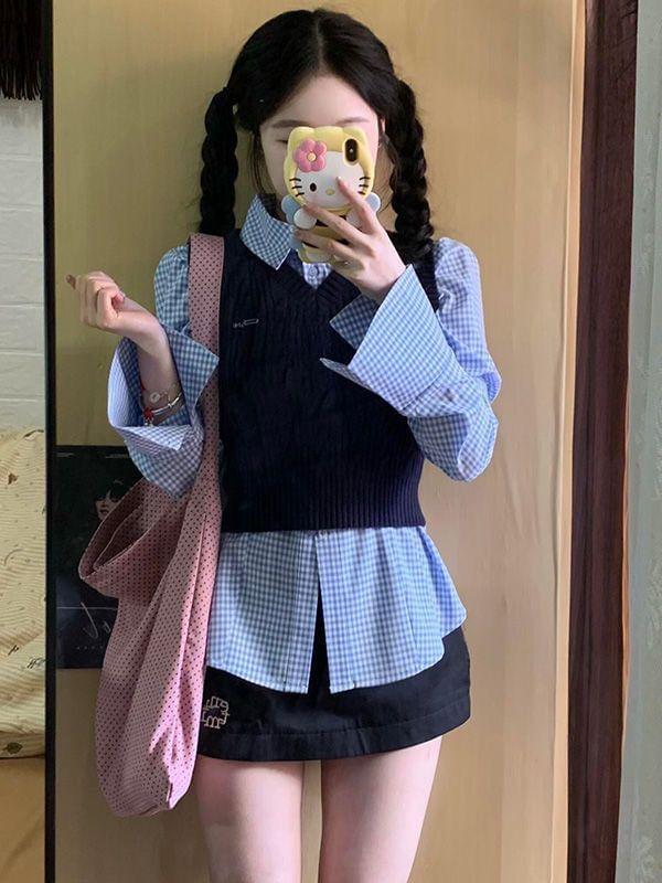 Long-Sleeve Gingham Shirt / V-Neck Plain Cable Knit Crop Sweater Vest / Set Product Image