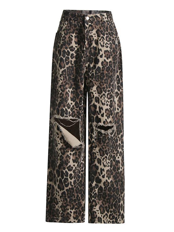 High Waisted Loose Leopard Printed Ripped Split-Joint Jean Pants Bottoms product image