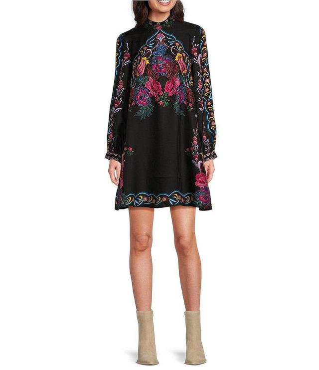 JOHNNY WAS Kalova Exotic Placement Print Silk-Blend Band Collar Long Sleeve Shift Dress Product Image